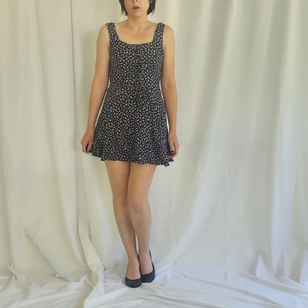 90s‎ Blue and Green Floral Rayon Mini Dress